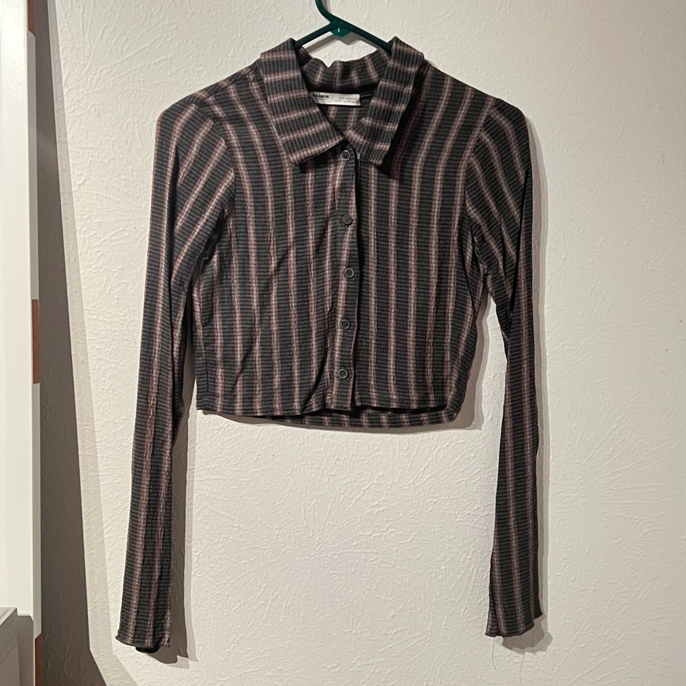 Pull&Bear Cropped Striped Button Top - image 2